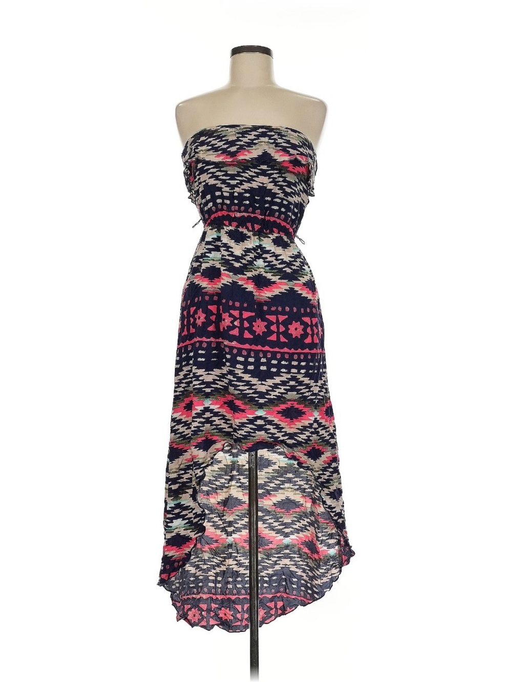 DEB Strapless Navy & Pink Aztec Print Hi-Lo Dress